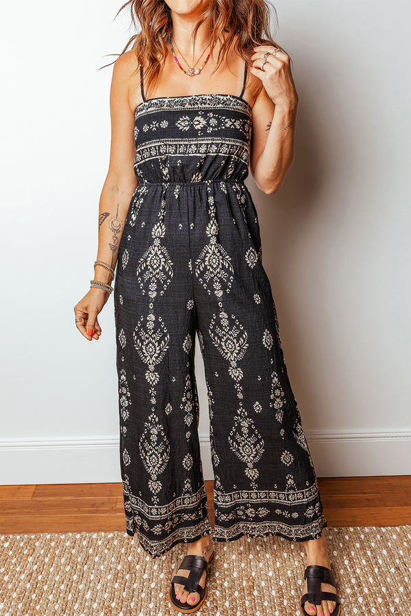 Black Spaghetti Straps Elastic Waist Loose Ethnic Print Jumpsuit