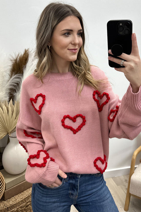 Fushia Puffy Heart Embroidery Drop Shoulder Sweater