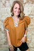 Buckskin Contrast Leopard Trim Split Neck Puff Sleeve Blouse