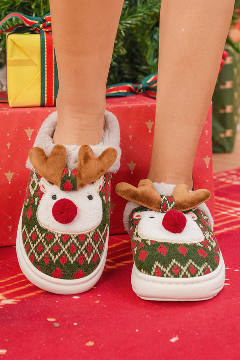 Fern Green Retro Geometric Knit 3D Christmas Reindeer Plush House Slippers