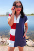 Navy Blue Americana Colorblock Stripes Zip up Collared T Shirt Mini Dress