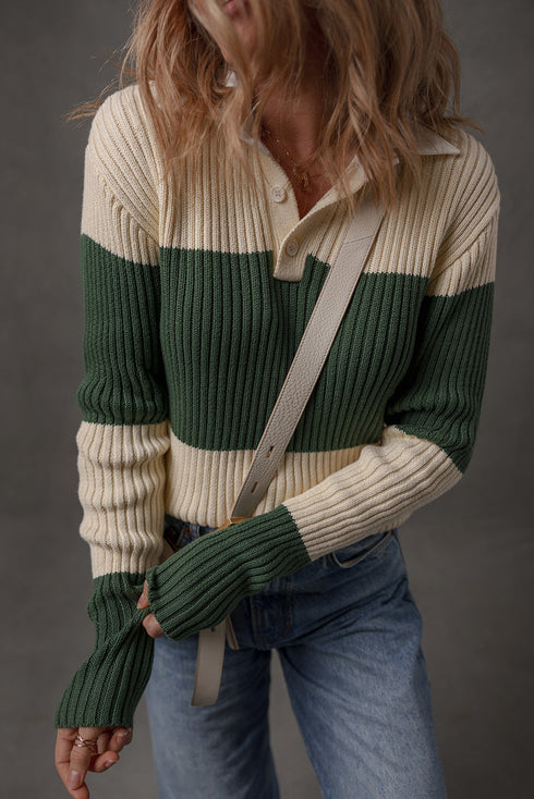 Blackish Green Ribbed Color Block Knit Shirt Collar Patchwork Slim Sweater