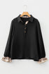 Black Contrast Leopard Print Patchwork Polo Collar Buttons Front Ruffled Long Sleeve Blouse