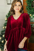 Burgundy Frilly Shirred Detail V Neck Velvet Peplum Tunic Blouse