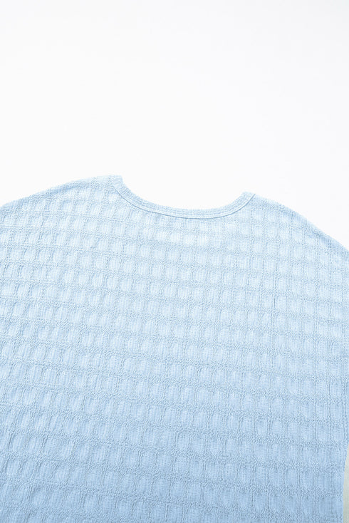 Sky Blue Solid Color Textured Batwing Sleeve Tee