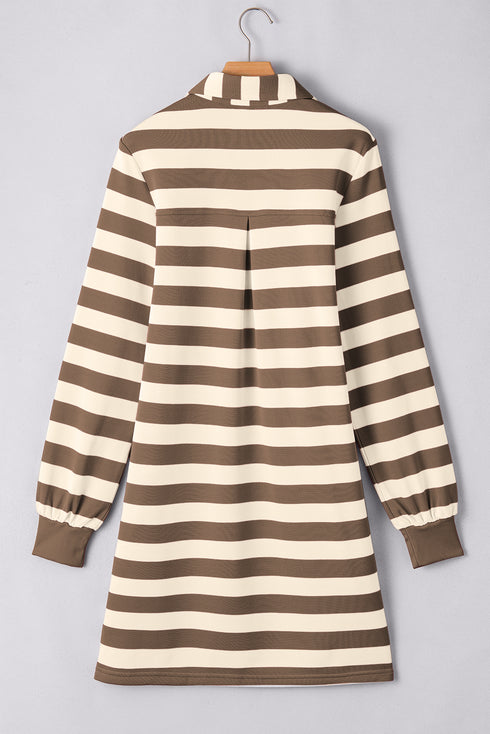Khaki Stripe Collared V Neck Long Sleeve Loose Casual Dress