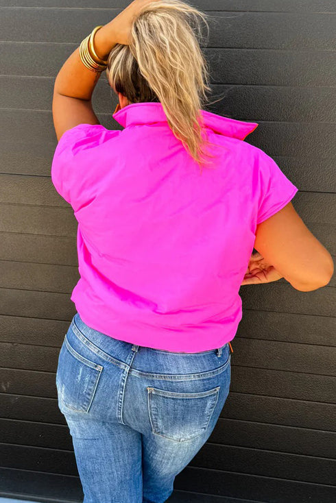 Bright Pink Color Block Liner Patchwork Snap Button Zip Up Winter Vest