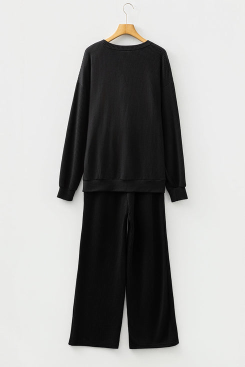 Black JOLLY Corded Long Sleeve Top and Pockets Pants Set