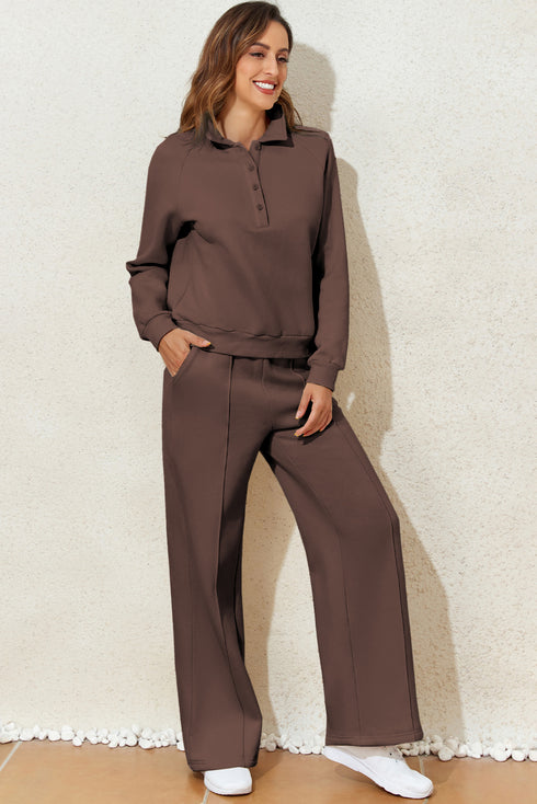 Dark Brown Solid Collared Sweatshirt and High Waist Pants Active Set
