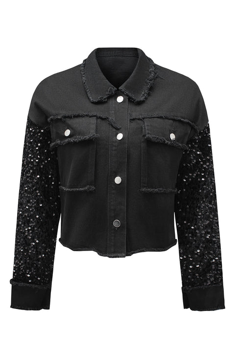 black-sequin-sleeve-pocketed-raw-hem-denim-jacket