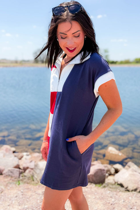 Navy Blue Americana Colorblock Stripes Zip up Collared T Shirt Mini Dress