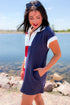 Navy Blue Americana Colorblock Stripes Zip up Collared T Shirt Mini Dress