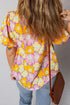 Purple Frilled Neck Puff Short Sleeve Flower Top