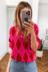 Rose Red Glitter Rhombus Pattern Knit Womens Casual Sweater