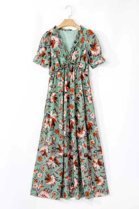 Green Fiery Floral Print Frilled V Neck Short Sleeve Maxi Dress