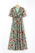Green Fiery Floral Print Frilled V Neck Short Sleeve Maxi Dress