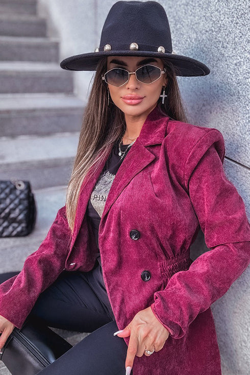 Pitaya Pink Corduroy Double Breasted Smocked Waist Blazer