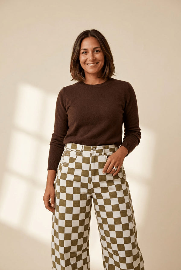 Women's Checkered High-Waisted Denim Barrel Pants in Olive