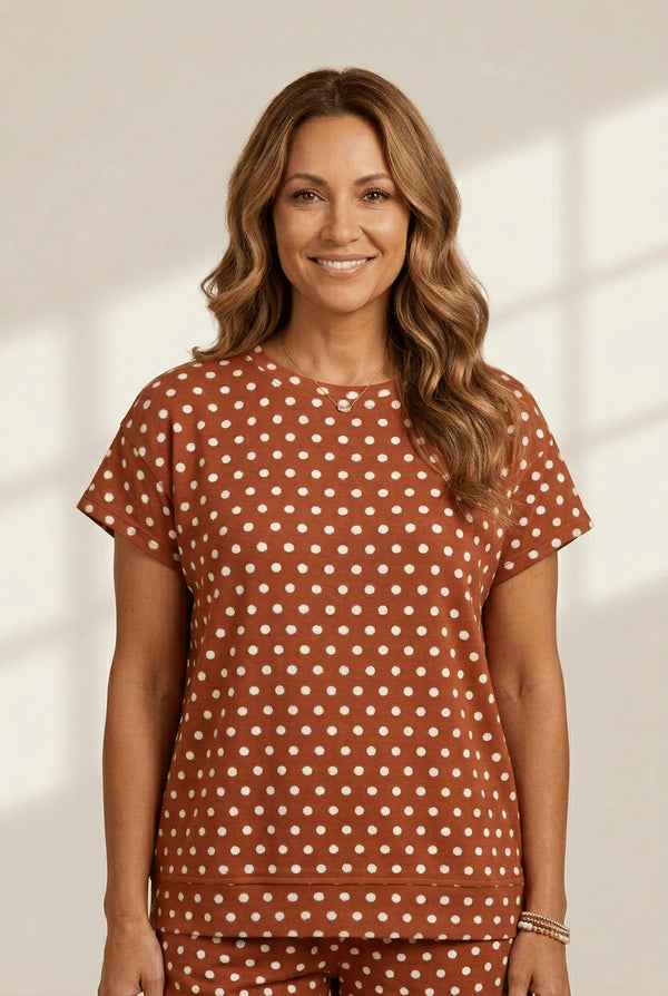 Women's Chestnut Brown Polka Dot Lounge Set with Relaxed Fit