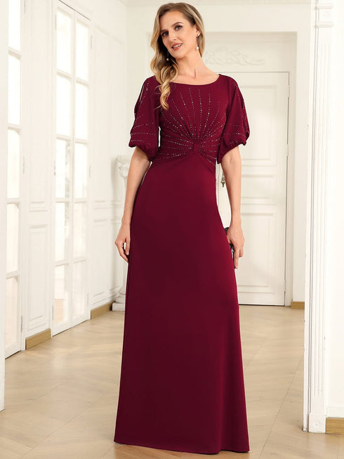 Chic A-Line Burgundy and Navy Blue Wedding Guest Dress with Silver Embellishments