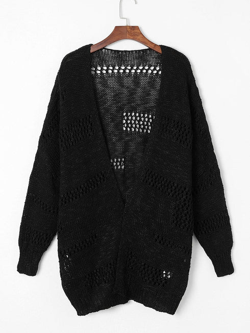 Chic Black Hollow Knit Dolman Sleeve Cardigan