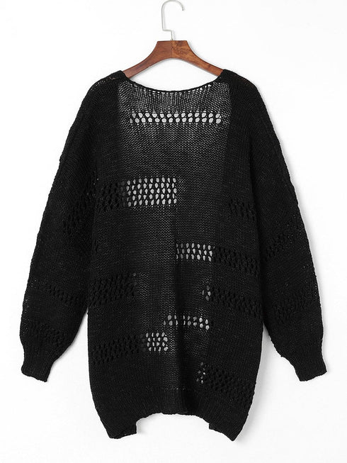Chic Black Hollow Knit Dolman Sleeve Cardigan