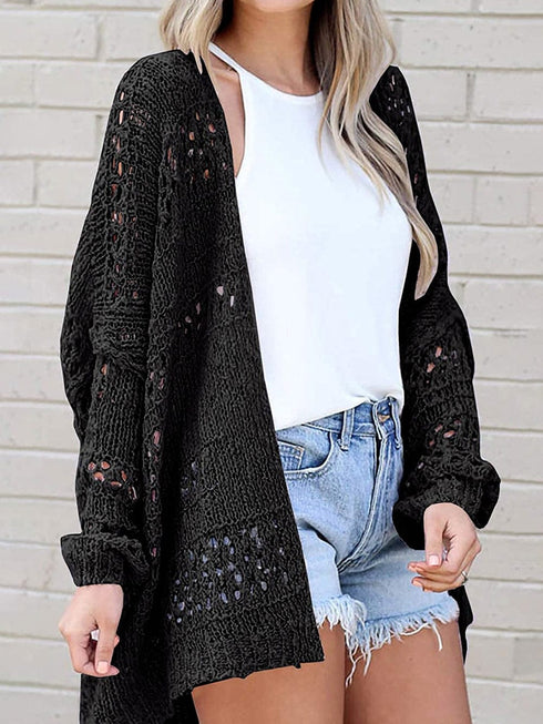 Chic Black Hollow Knit Dolman Sleeve Cardigan