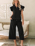 Chic Black Ribbed Two-Piece Pant Set with Flutter Sleeves