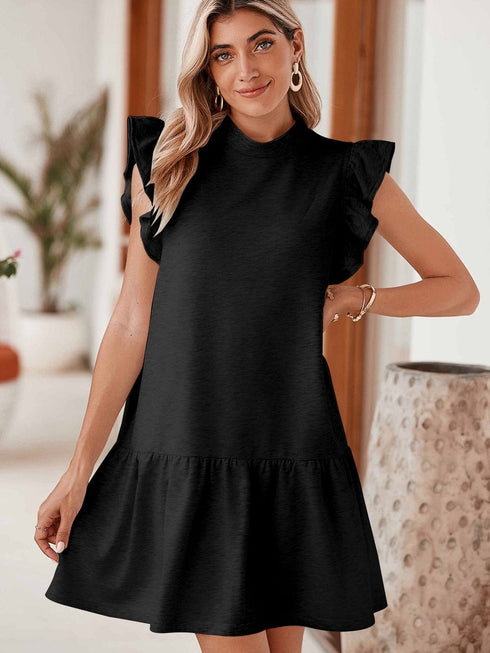 Chic Black Ruffle Sleeve Mini Shift Dress