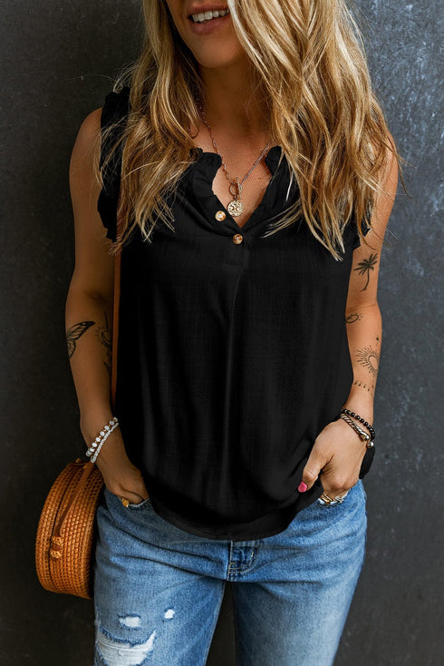 Chic Black Ruffle Trim V-Neck Tank Top