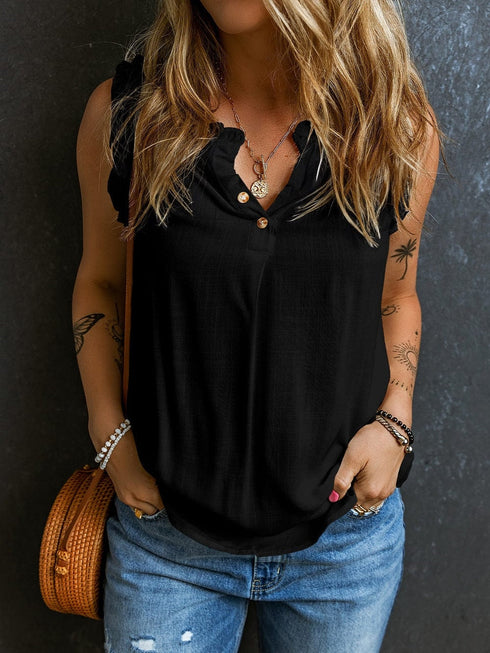 Chic Black Ruffle Trim V-Neck Tank Top