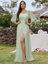 Chic Chiffon One-Shoulder Maxi Evening Gown With Lantern Sleeves