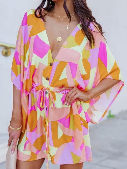 Chic Deep V Neck Printed Mini Dress with Button Detail