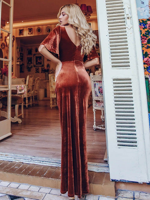 Chic Double V Neck Velvet Party Dress with Ruffled Sleeves