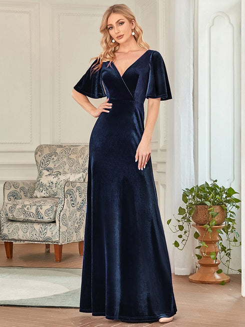 Chic Double V Neck Velvet Party Dress with Ruffled Sleeves