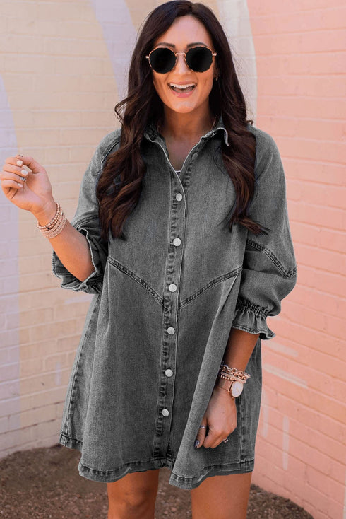 Chic Gray Denim Mini Dress with Button Detail