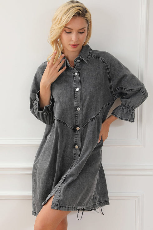 Chic Gray Denim Mini Dress with Button Detail