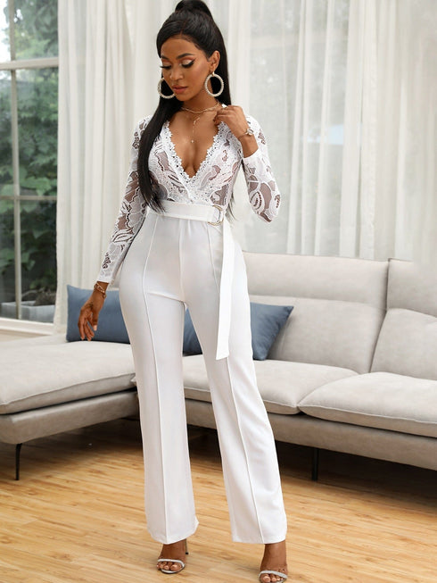 Chic Lace V-Neck Long Sleeve Wide Leg Jumpsuit