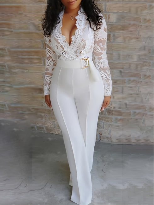 Chic Lace V-Neck Long Sleeve Wide Leg Jumpsuit