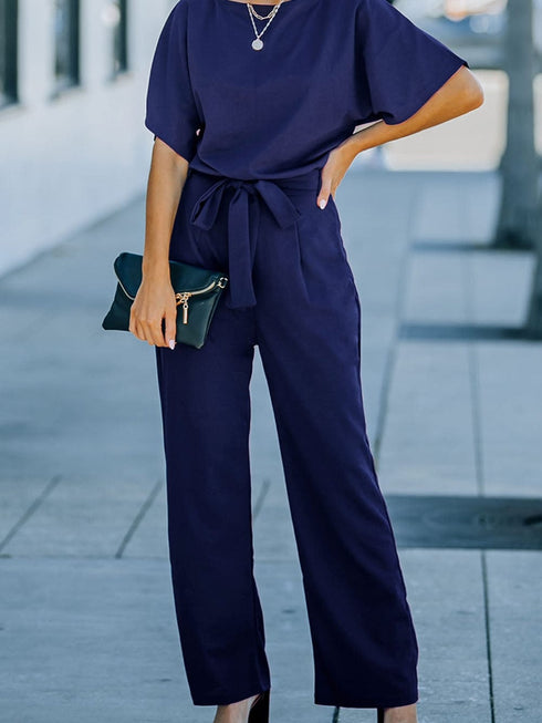 Chic Navy Belted Palazzo Jumpsuit