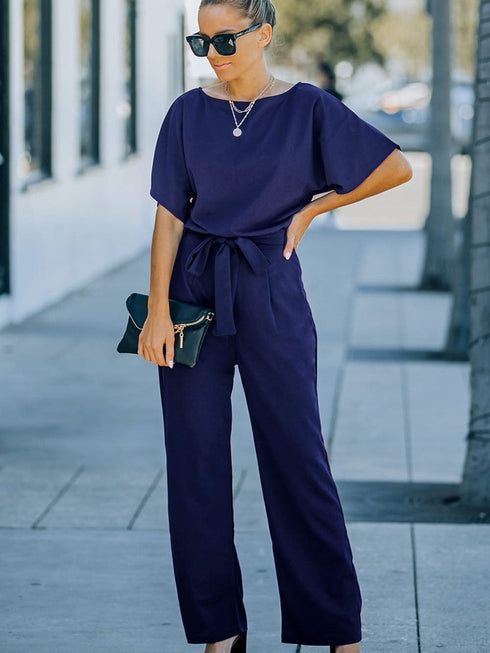 Chic Navy Belted Palazzo Jumpsuit