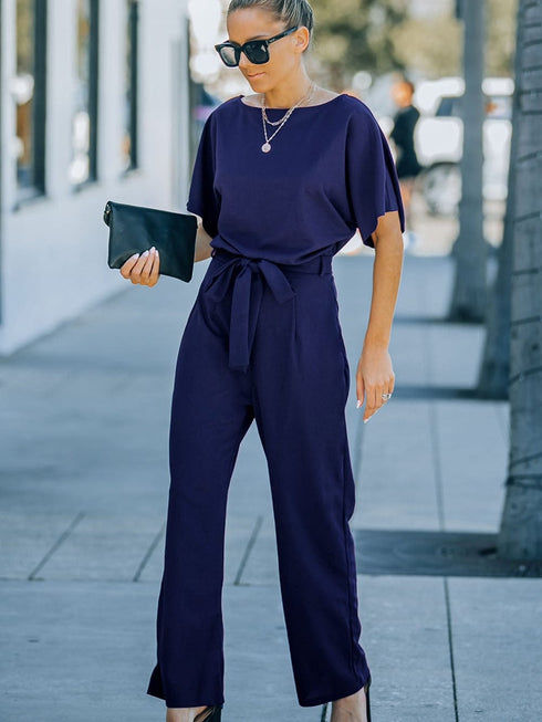 Chic Navy Belted Palazzo Jumpsuit