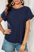 Navy Blue Solid Color Eyelet Jacquard Cuffed Short Sleeve Top