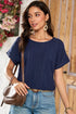 Navy Blue Solid Color Eyelet Jacquard Cuffed Short Sleeve Top