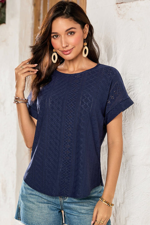 Navy Blue Solid Color Eyelet Jacquard Cuffed Short Sleeve Top