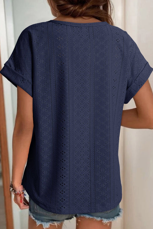 Navy Blue Solid Color Eyelet Jacquard Cuffed Short Sleeve Top