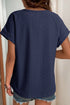 Navy Blue Solid Color Eyelet Jacquard Cuffed Short Sleeve Top