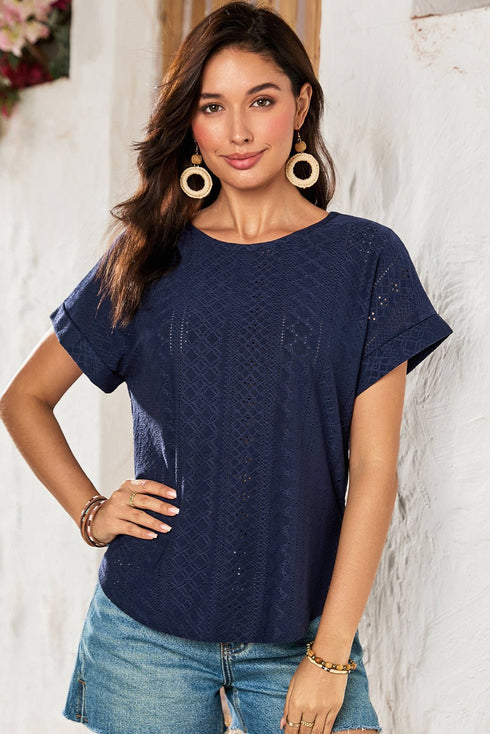 Navy Blue Solid Color Eyelet Jacquard Cuffed Short Sleeve Top