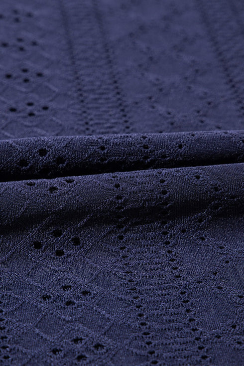 Navy Blue Solid Color Eyelet Jacquard Cuffed Short Sleeve Top