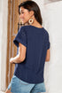 Navy Blue Solid Color Eyelet Jacquard Cuffed Short Sleeve Top